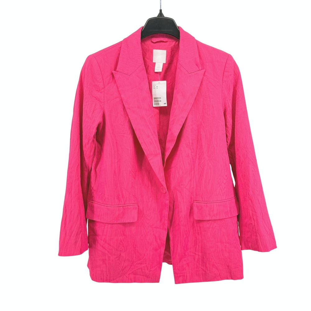 NEW H&M Blazer Womens Medium Jacket Hot Pink Jacquard Woodgrain Textured Lined